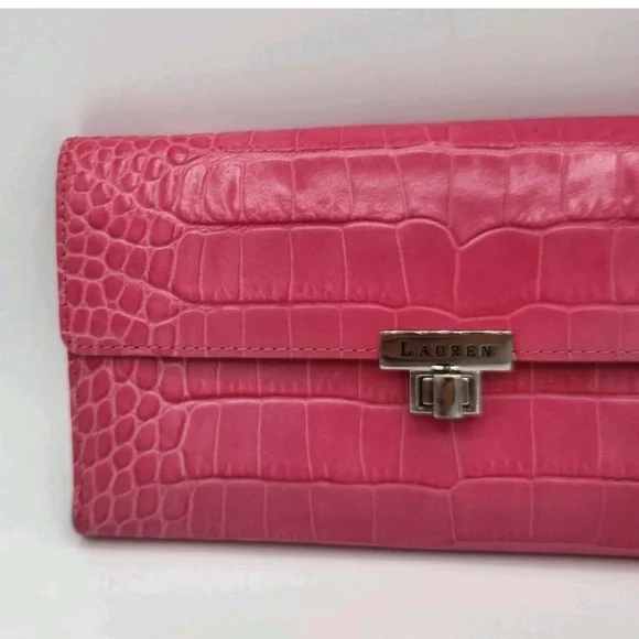 Ralph Lauren Hot Pink Embossed Leather Wallet Removeable Checkbook EUC - Picture 2 of 7